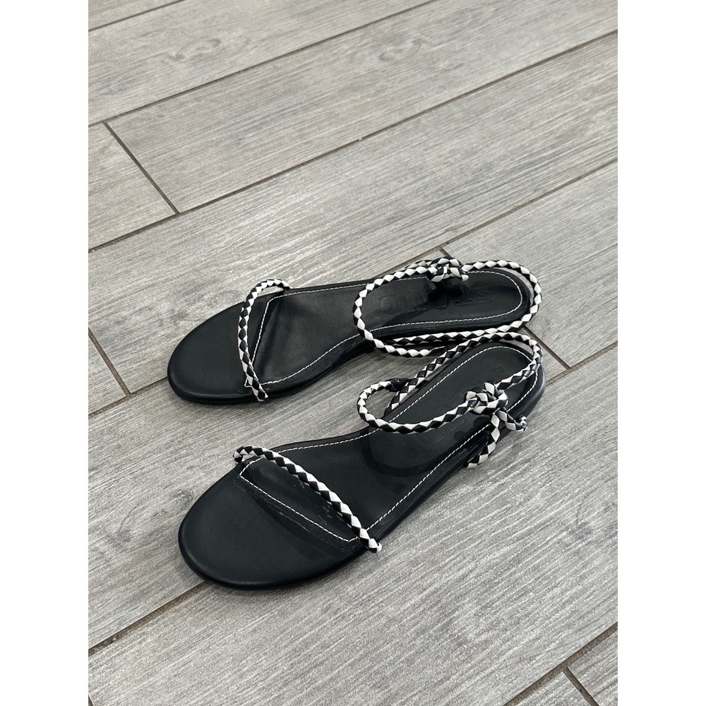 Staud Laurel Woven Theater Sandals Black White Leather Strappy Flats New! - Picture 9 of 11